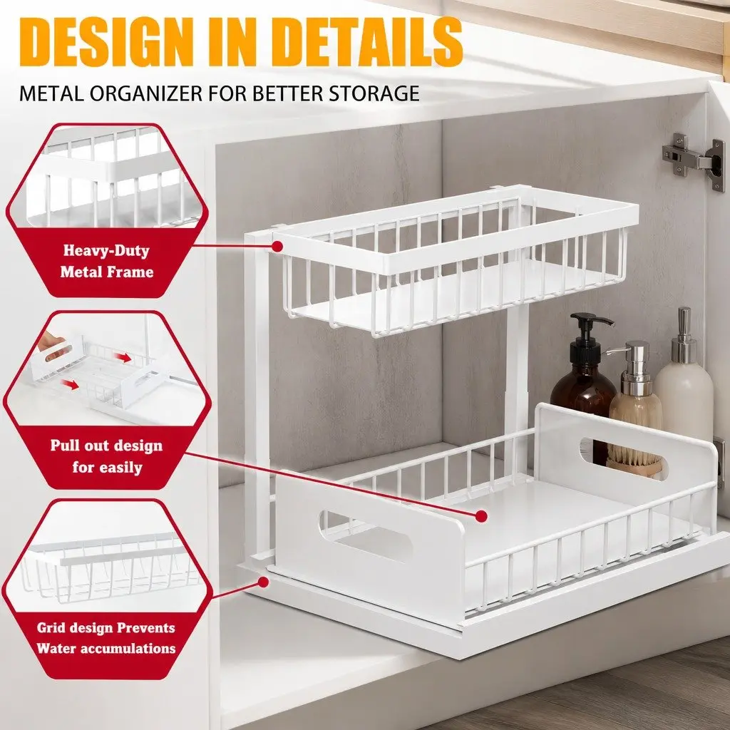 Under Sink Organiser 2 Tier Sliding Drawers Kitchen Bathroom Cabinet Storage