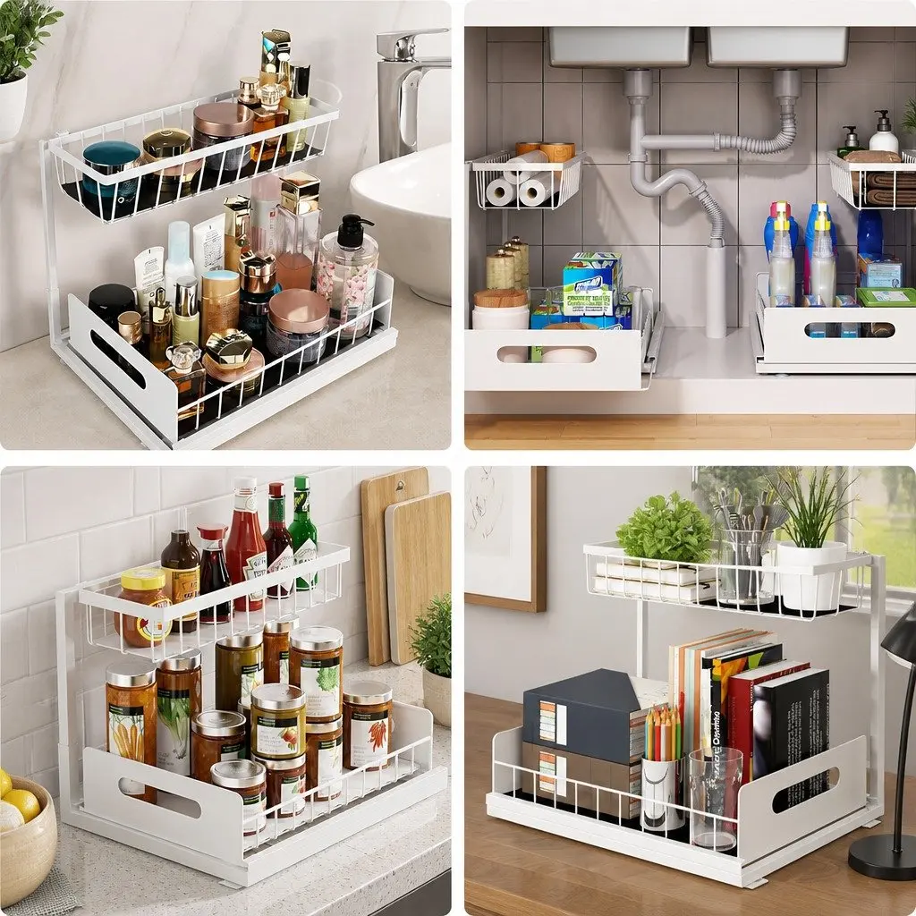 Under Sink Organiser 2 Tier Sliding Drawers Kitchen Bathroom Cabinet Storage