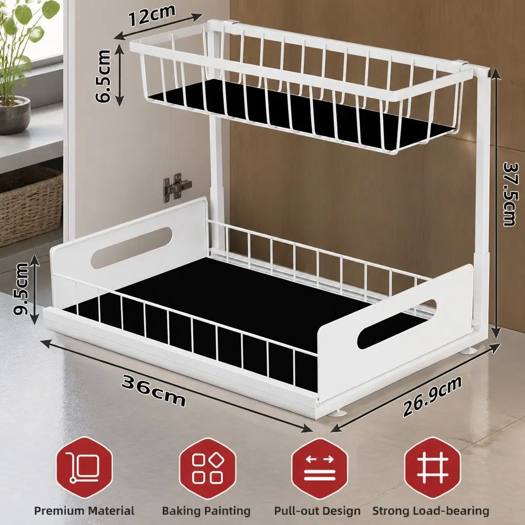 Under Sink Organiser 2 Tier Sliding Drawers Kitchen Bathroom Cabinet Storage