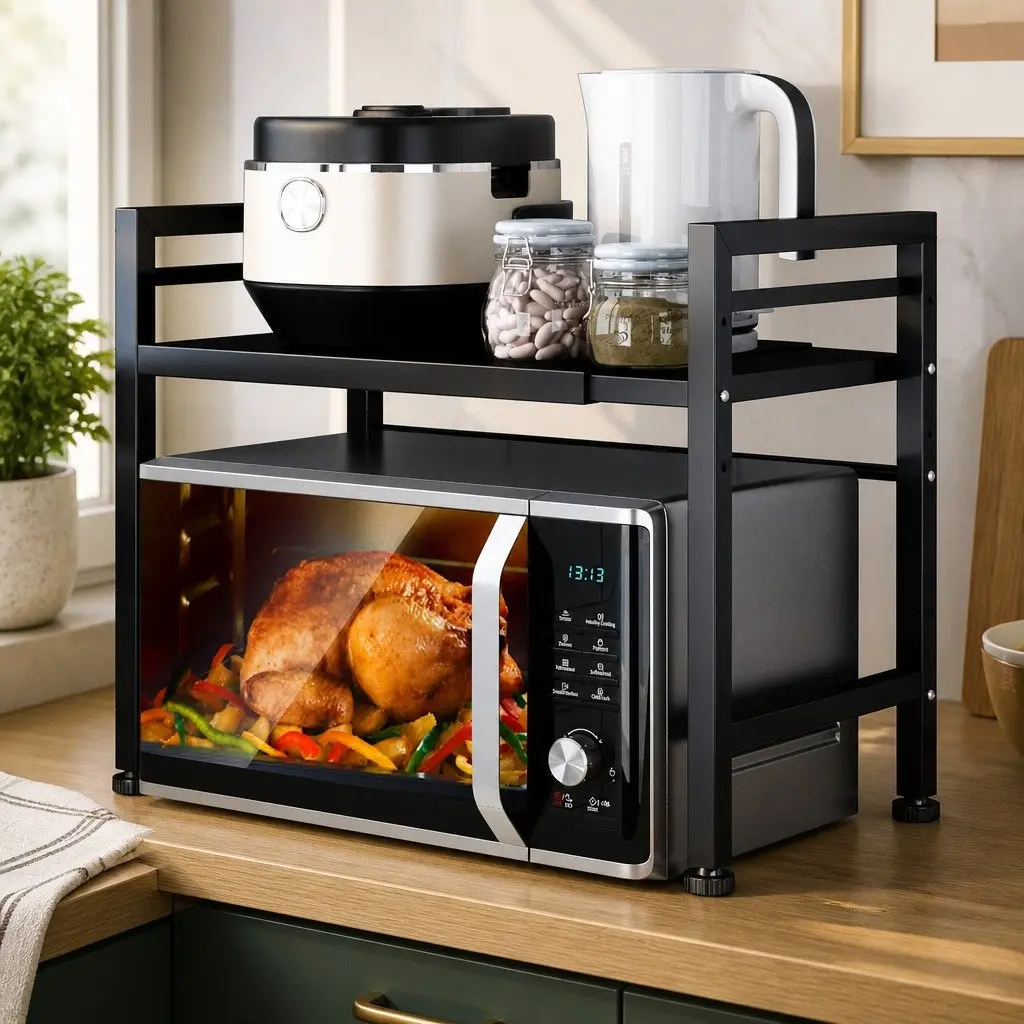 2-Tier Microwave Oven Rack Adjustable Metal Kitchen Shelf Stand Countertop