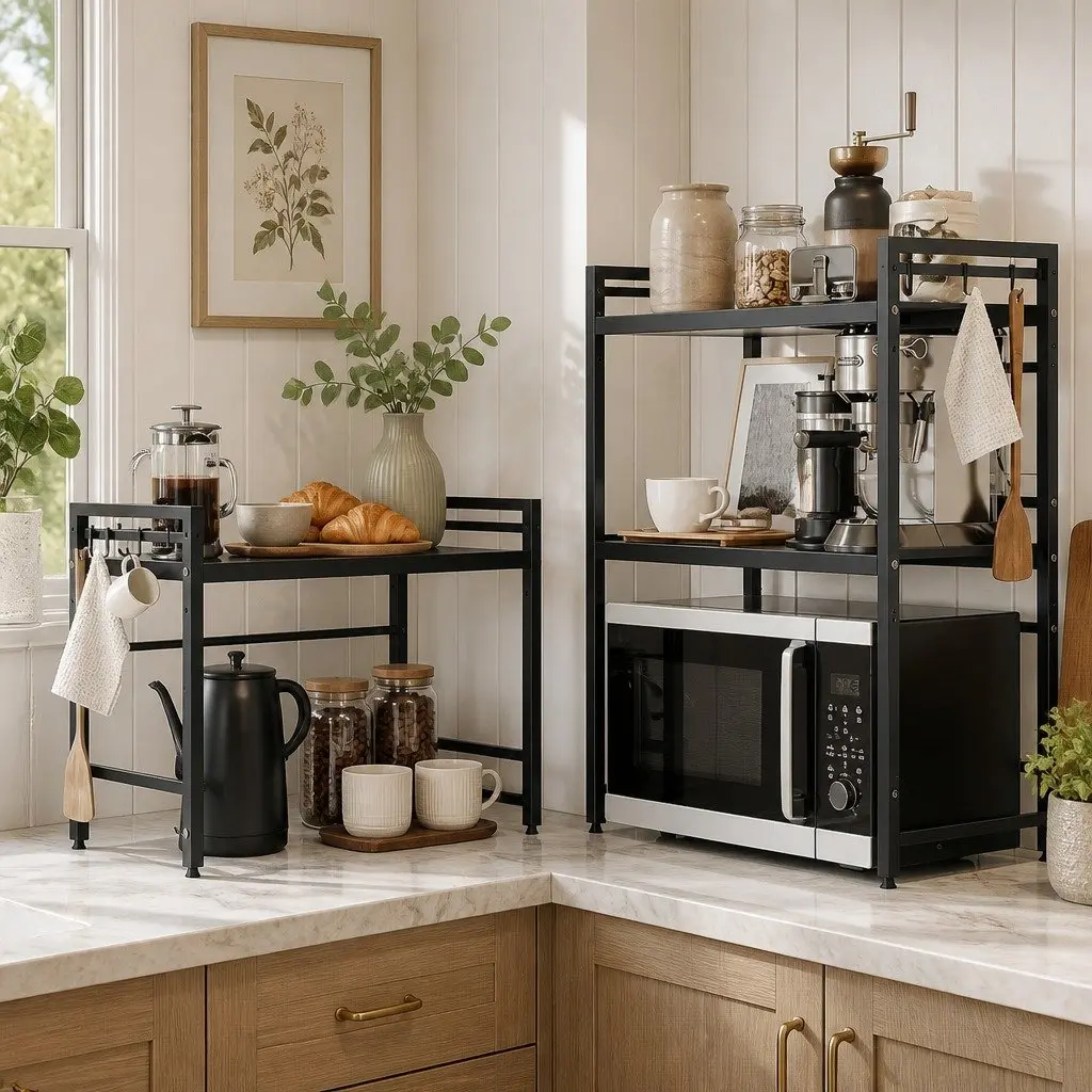 2-Tier Microwave Oven Rack Adjustable Metal Kitchen Shelf Stand Countertop