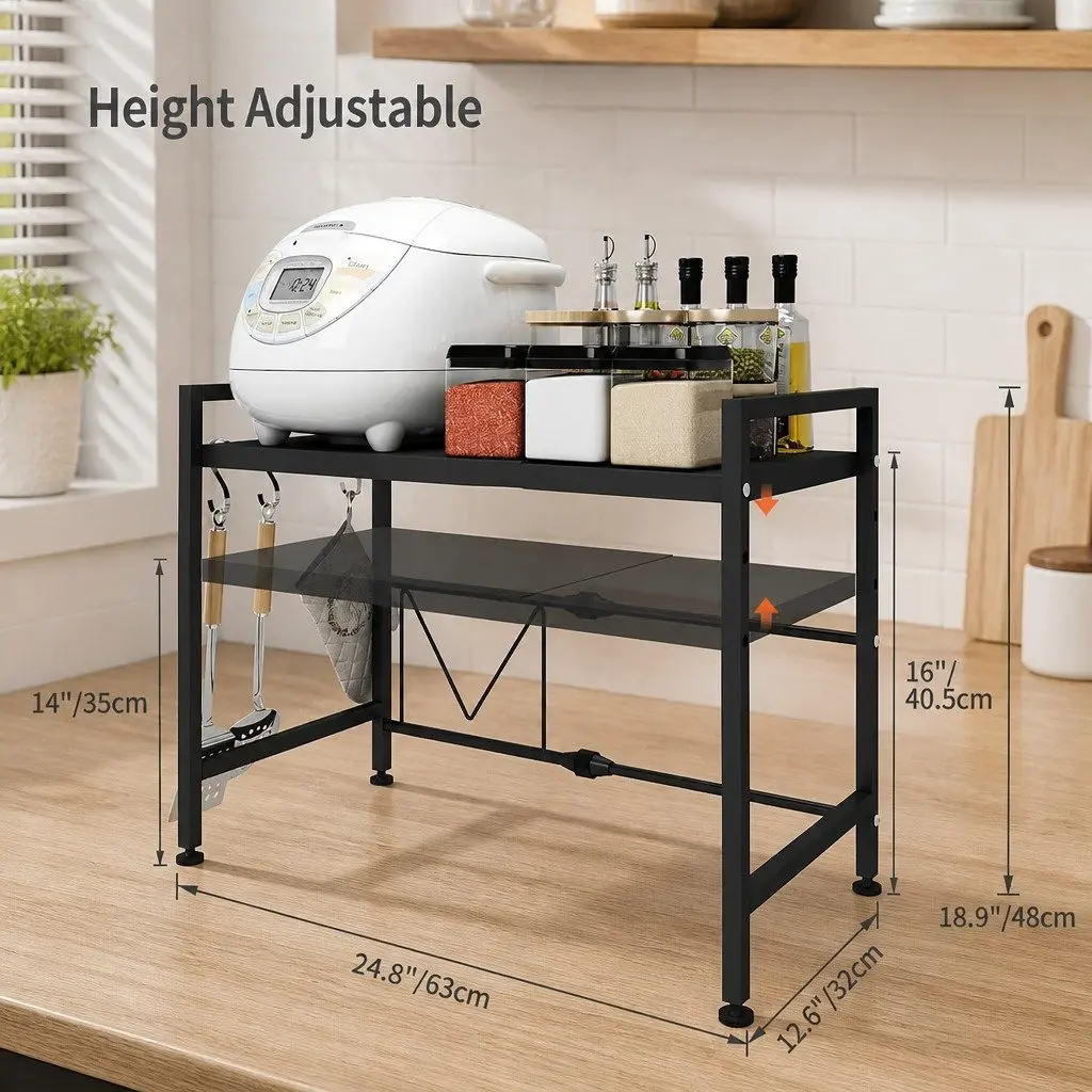 2-Tier Microwave Oven Rack Adjustable Metal Kitchen Shelf Stand Countertop