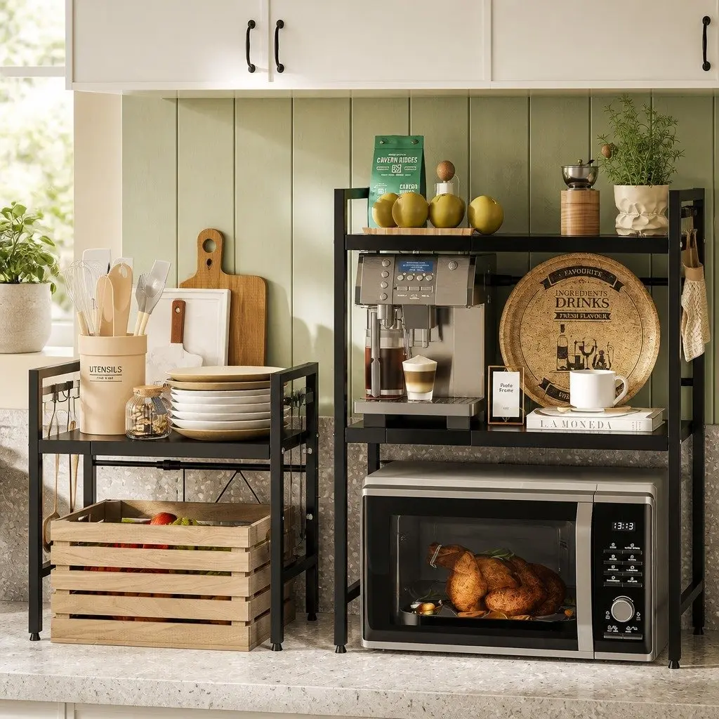 2-Tier Microwave Oven Rack Adjustable Metal Kitchen Shelf Stand Countertop