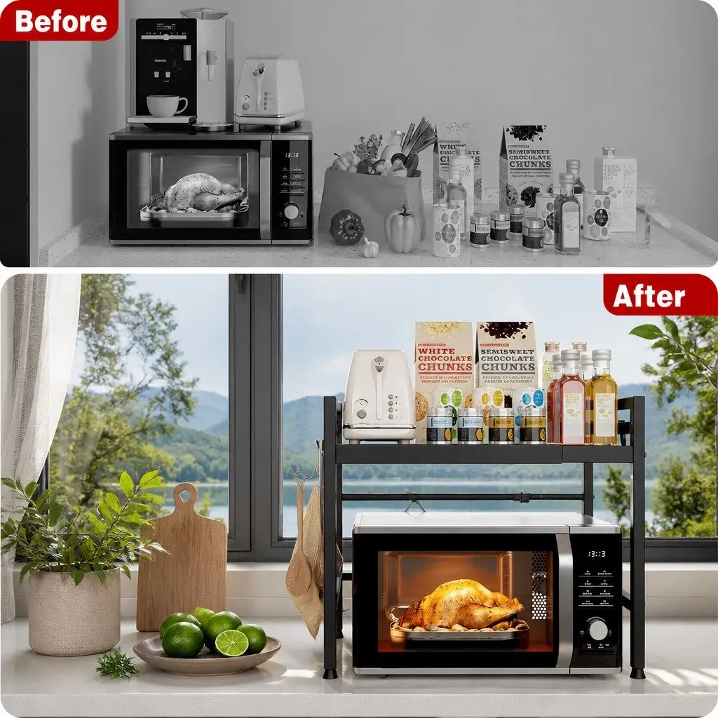 2-Tier Microwave Oven Rack Adjustable Metal Kitchen Shelf Stand Countertop