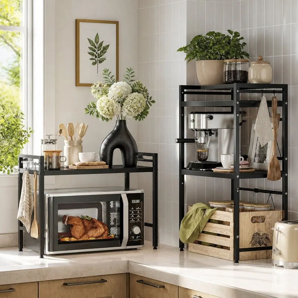 2-Tier Microwave Oven Rack Adjustable Metal Kitchen Shelf Stand Countertop