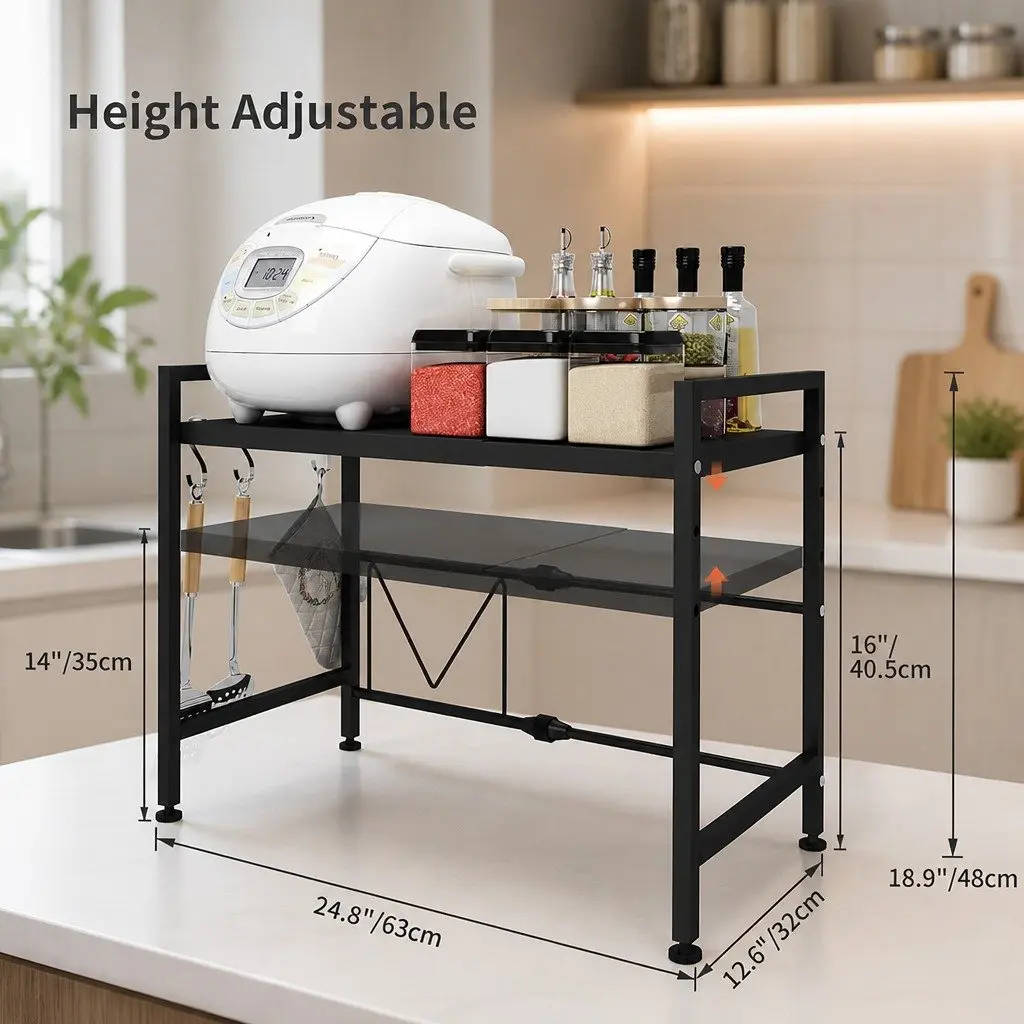 2-Tier Microwave Oven Rack Adjustable Metal Kitchen Shelf Stand Countertop