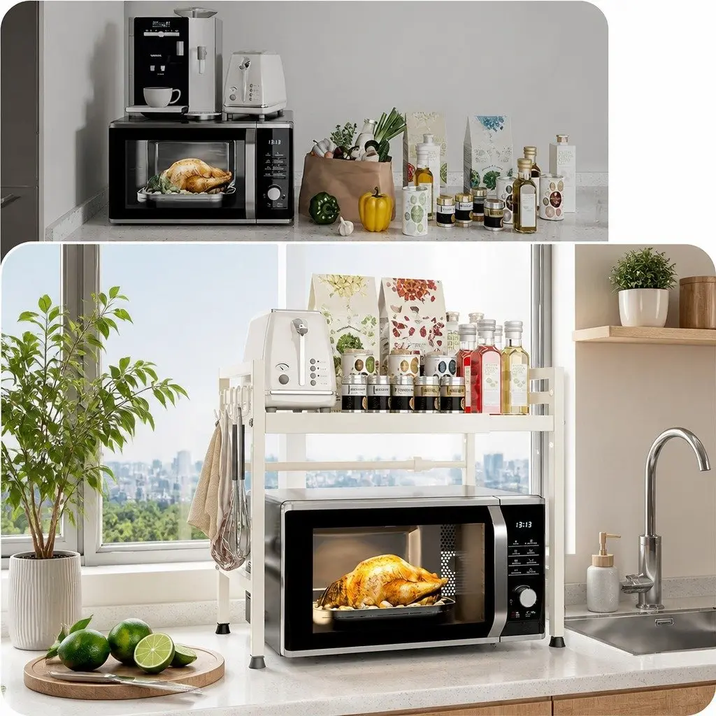 2-Tier Microwave Oven Rack Adjustable Metal Kitchen Shelf Stand Countertop
