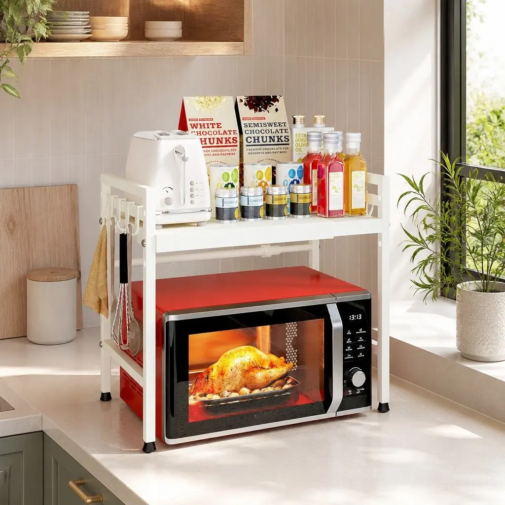 2-Tier Microwave Oven Rack Adjustable Metal Kitchen Shelf Stand Countertop