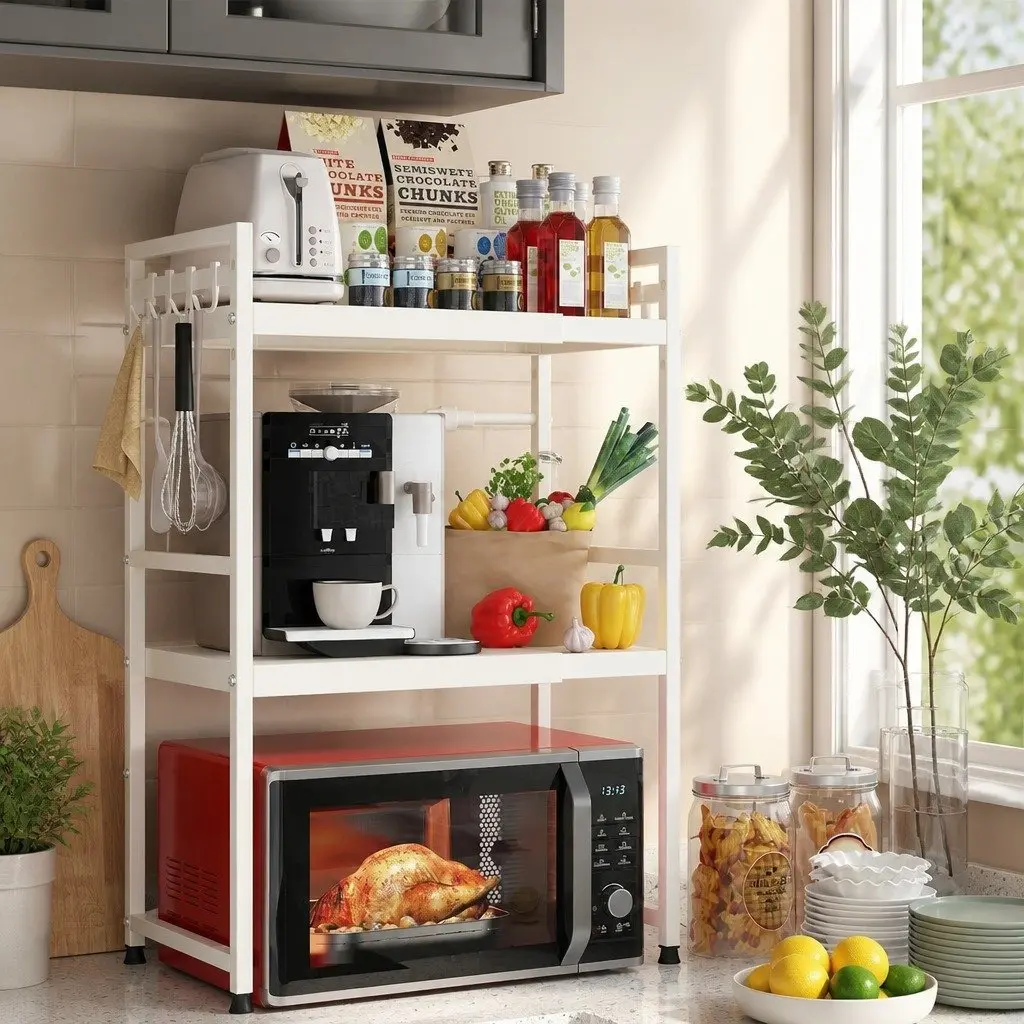 3 Tier Kitchen Shelf Stand for Microwave Oven Adjustable Metal Countertop Rack