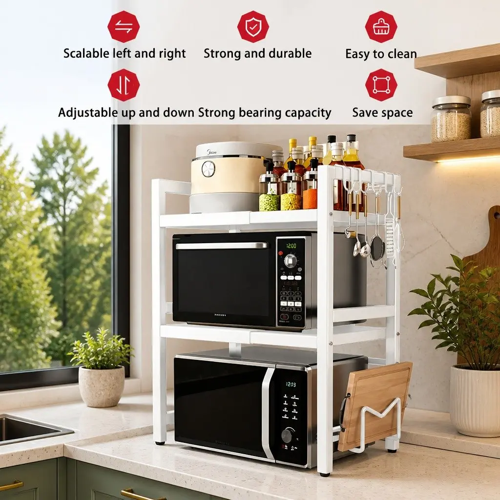 3 Tier Kitchen Shelf Stand for Microwave Oven Adjustable Metal Countertop Rack