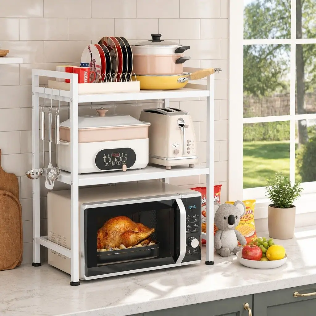 3 Tier Kitchen Shelf Stand for Microwave Oven Adjustable Metal Countertop Rack
