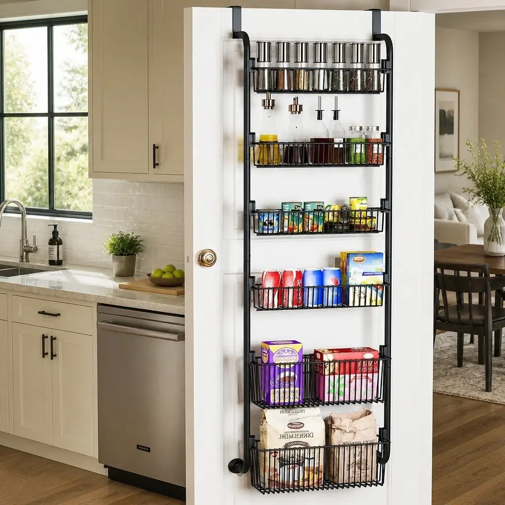 6-Tier Over the Door Organizer Metal Pantry Rack Hanging Baskets Kitchen