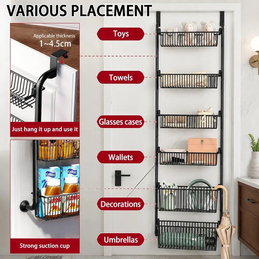 6-Tier Over the Door Organizer Metal Pantry Rack Hanging Baskets Kitchen