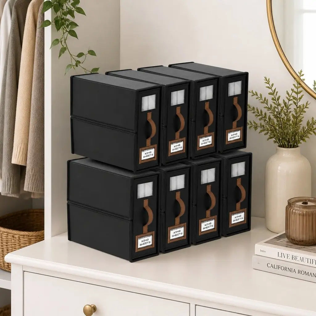 Bed Sheet Organizer Storage Box Set of 8 with Clear Window Handle Bedding Linen