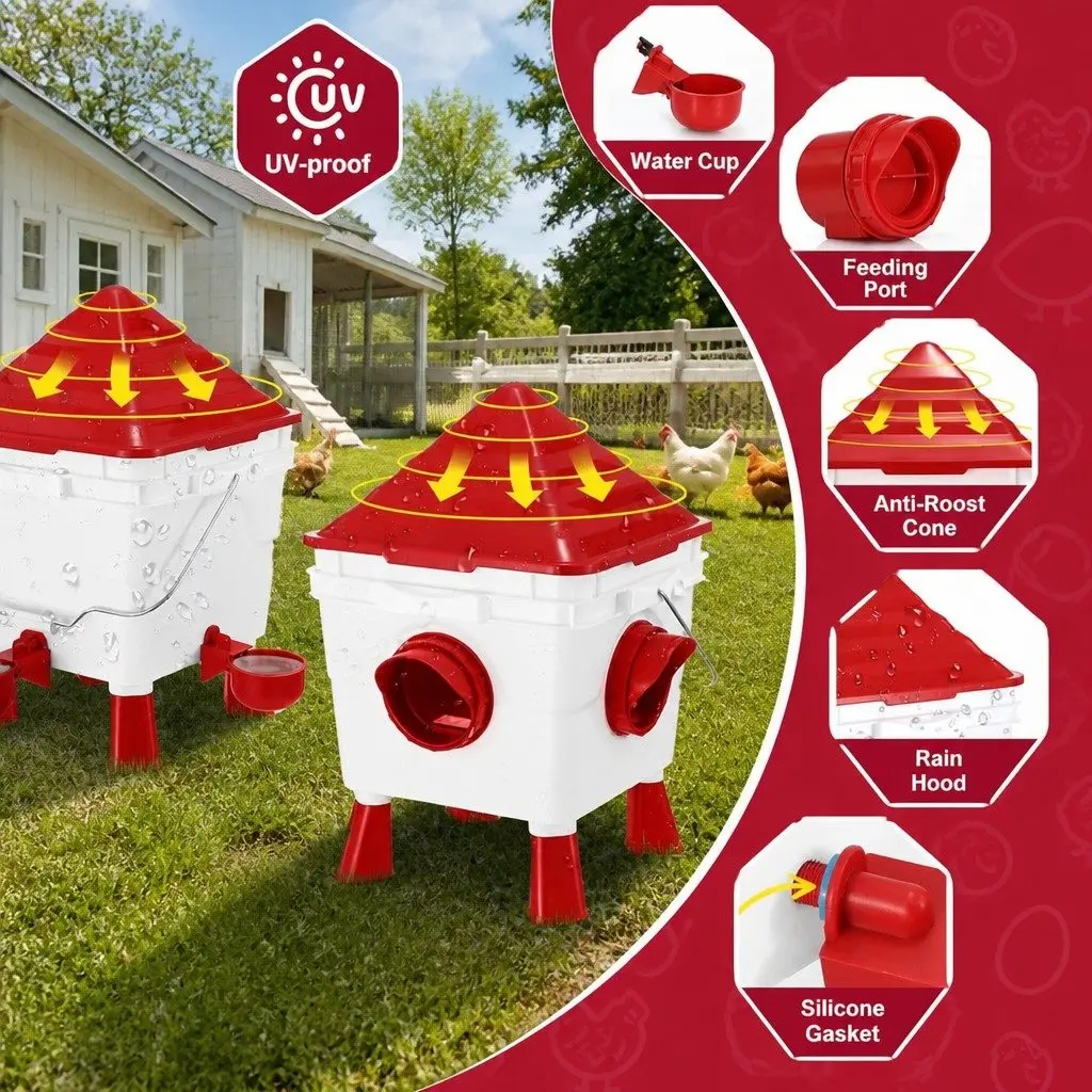 Automatic Chicken Feeder Waterer Set Gravity Dispenser 8KG Food 8L Water 4 Ports