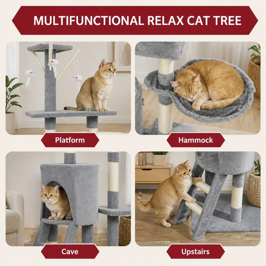 134cm Cat Tree Indoor Cats Hammock Plush Perch Sisal Scratching Posts Kittens