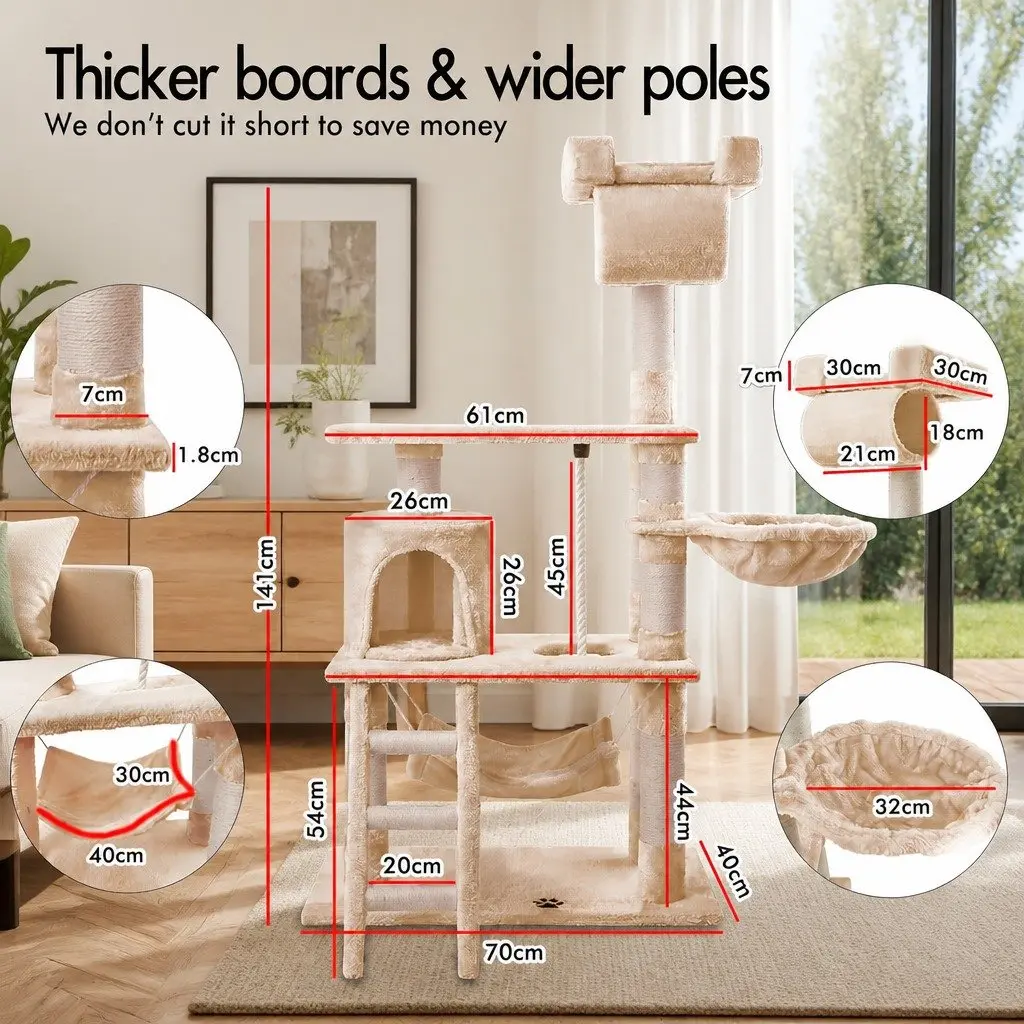 Cat Tree Tower 141cm Indoor Cats Multi-Level Climbing Perch Hammock Condo Sisal