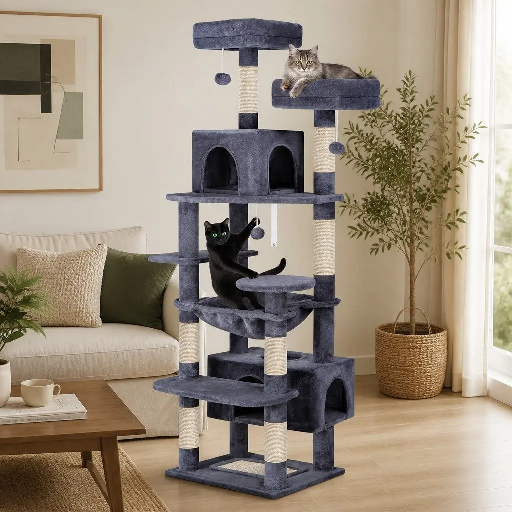 Cat Tree Tower Indoor Use 180cm Plush Perches Dual Condos Sisal Scratching
