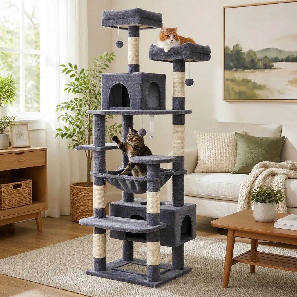 Cat Tree Tower Indoor Use 180cm Plush Perches Dual Condos Sisal Scratching