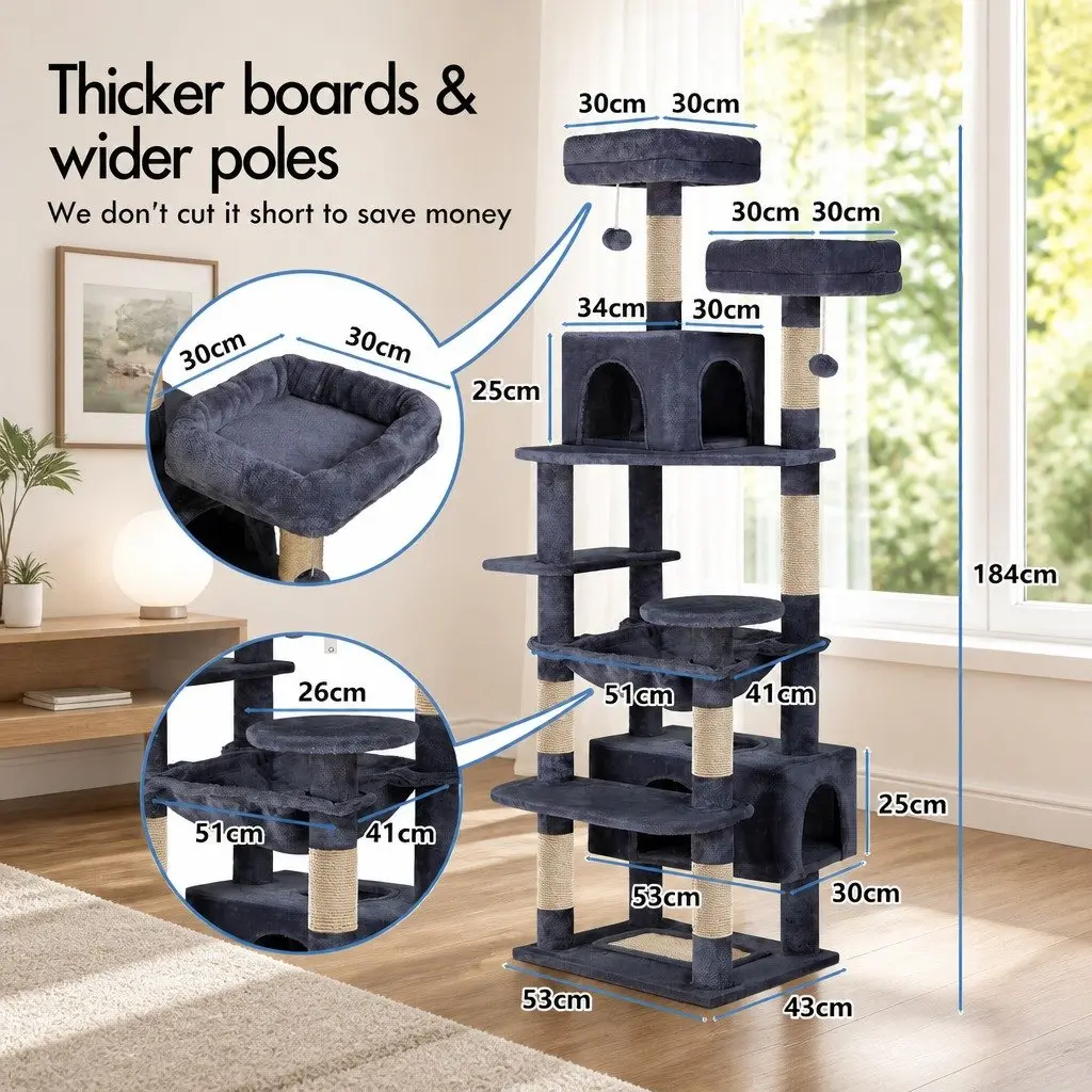 Cat Tree Tower Indoor Use 180cm Plush Perches Dual Condos Sisal Scratching