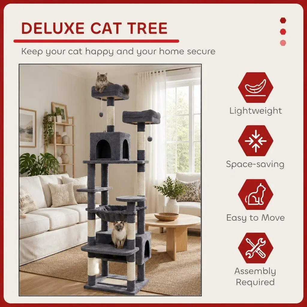 Cat Tree Tower Indoor Use 180cm Plush Perches Dual Condos Sisal Scratching