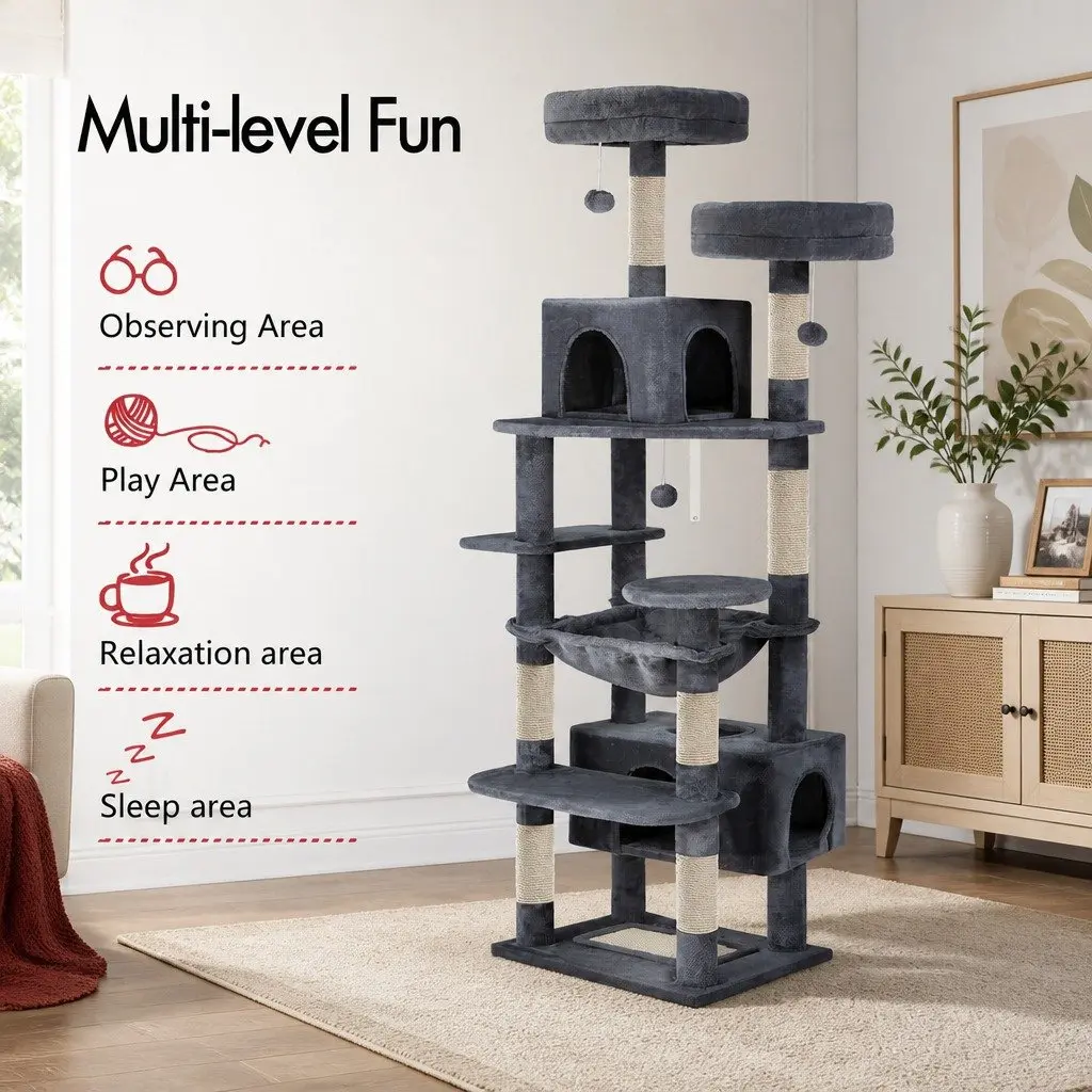 Cat Tree Tower Indoor Use 180cm Plush Perches Dual Condos Sisal Scratching