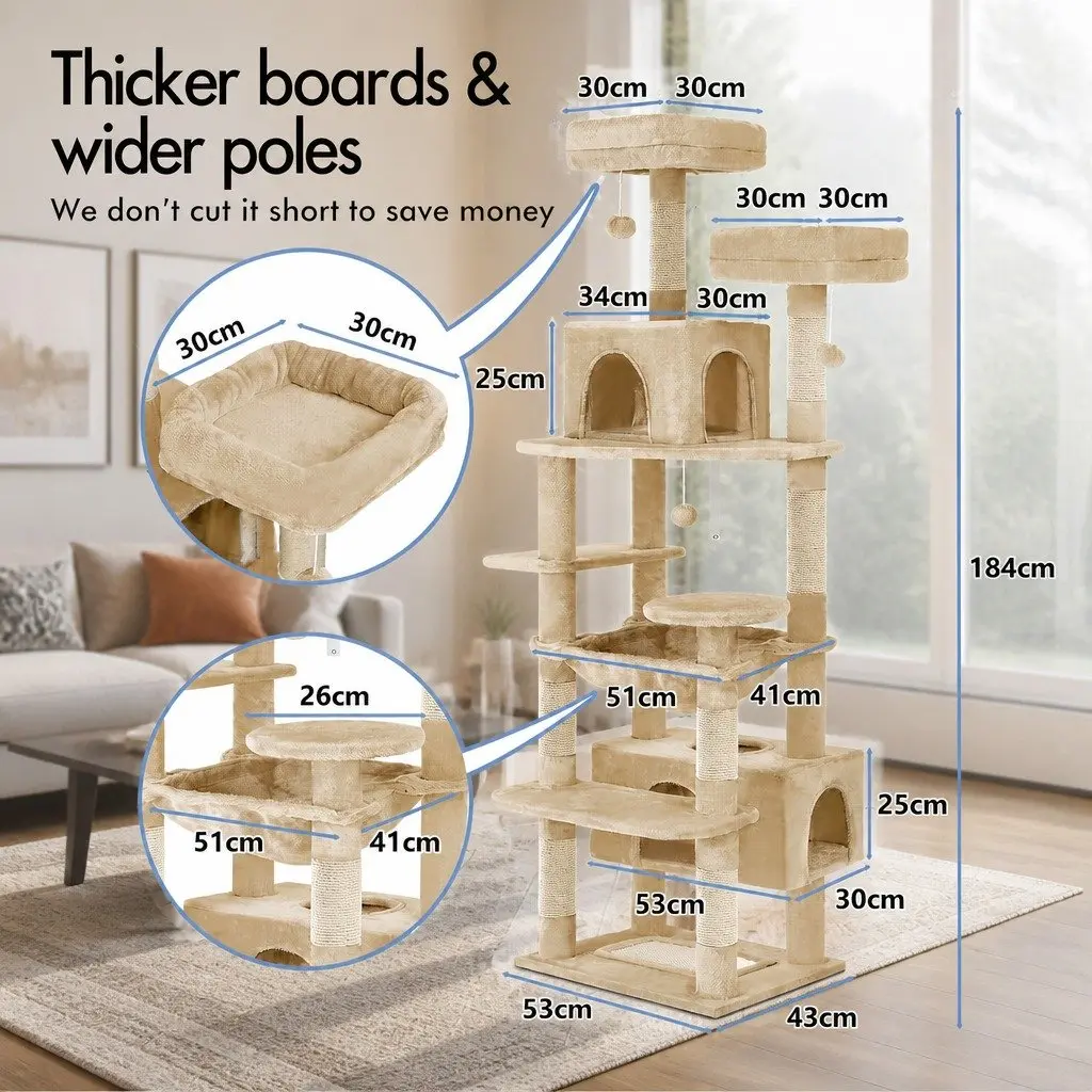 Cat Tree Tower Indoor Cats 180cm Plush Perches Dual Condos Sisal Scratching Posts
