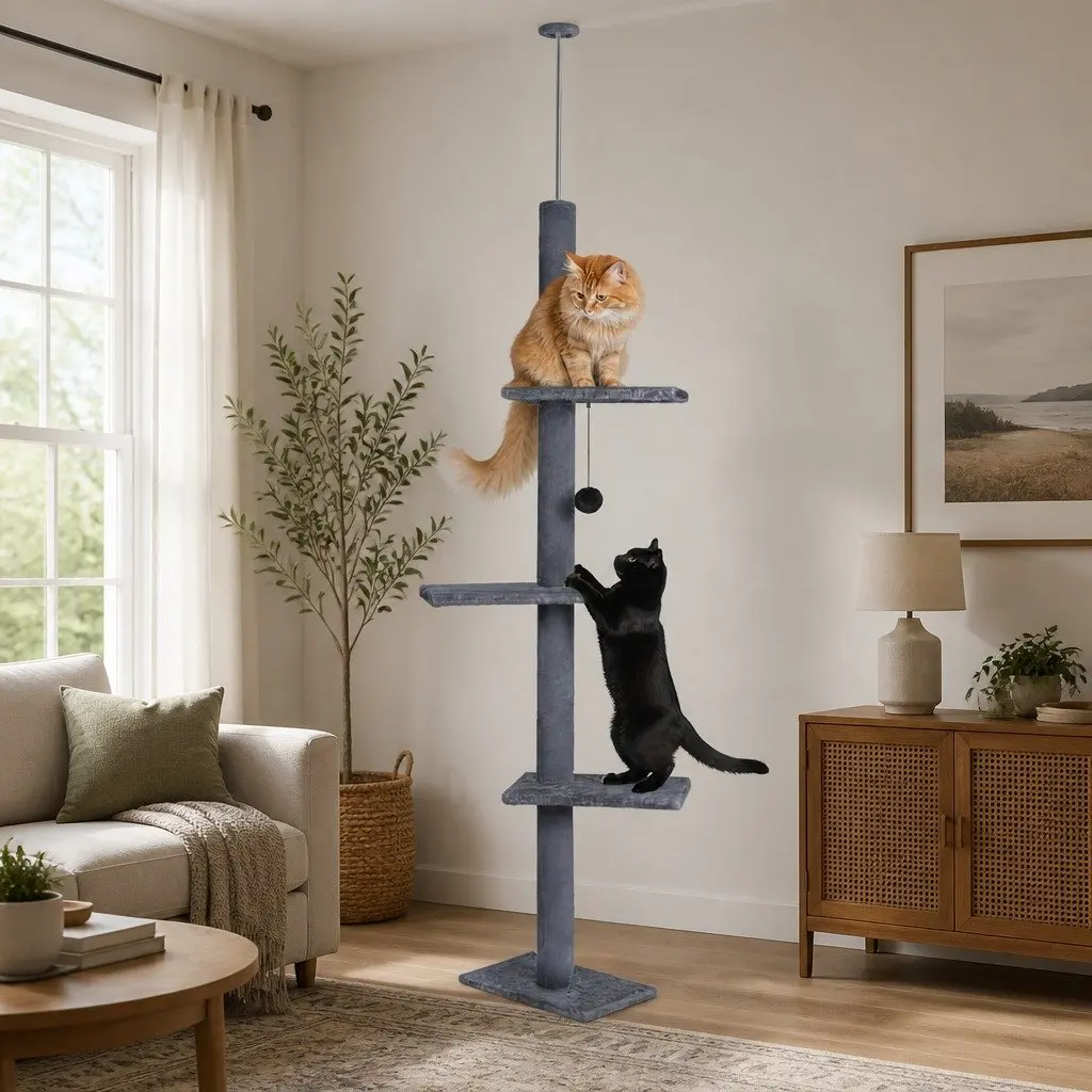 Floor to Ceiling Cat Tree Tower Adjustable Height 230-286cm Indoor Cats Grey
