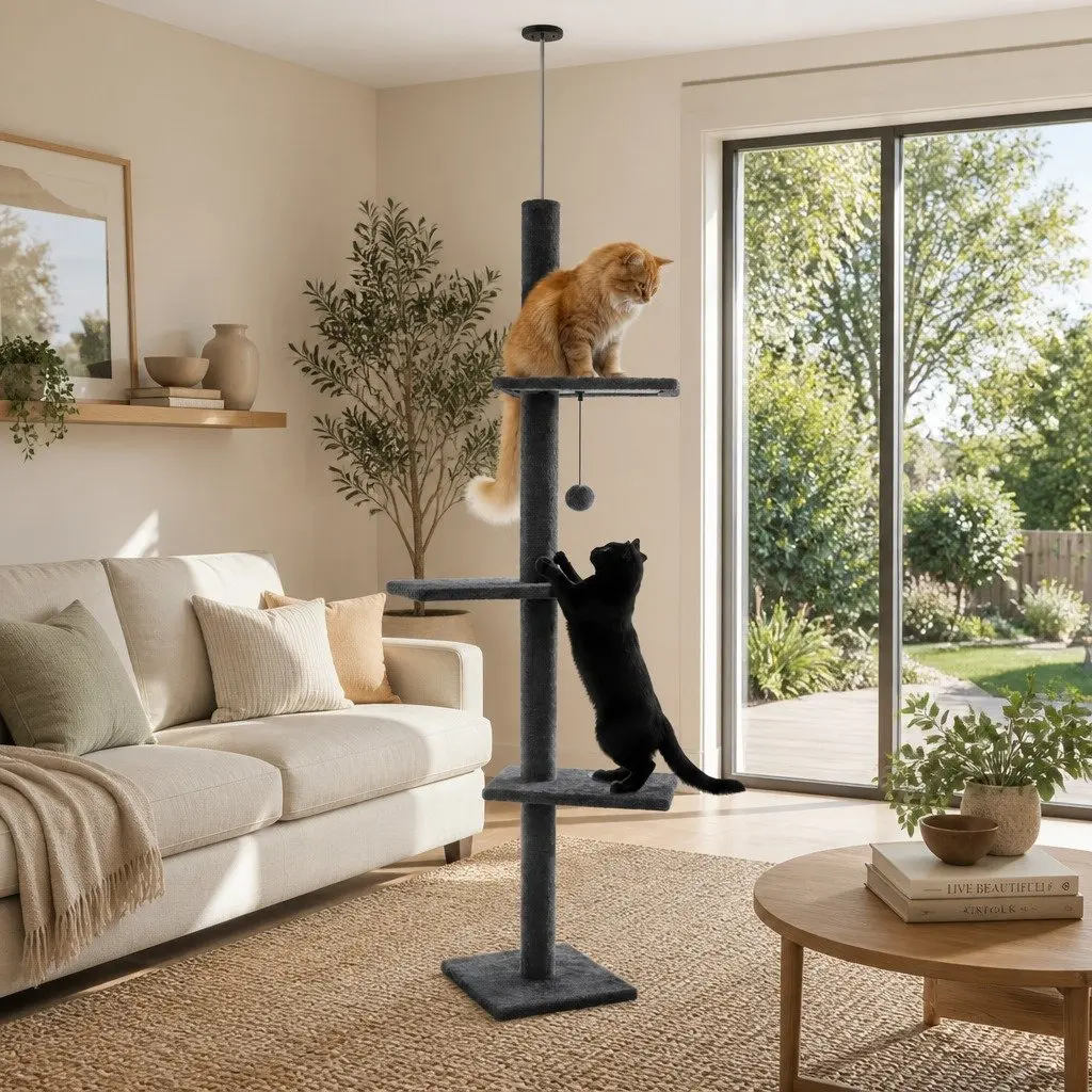 Floor to Ceiling Cat Tree Tower Adjustable Height 230-286cm Indoor Cats Grey