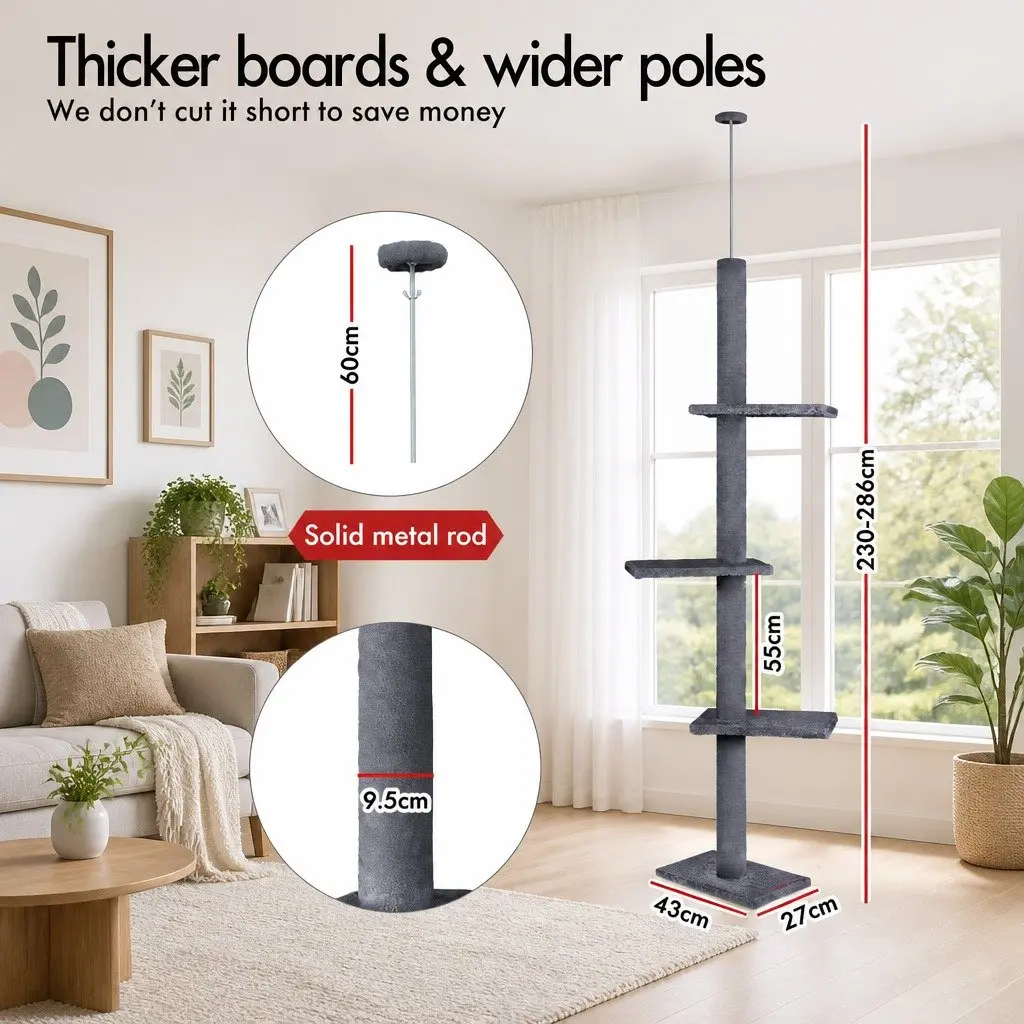 Floor to Ceiling Cat Tree Tower Adjustable Height 230-286cm Indoor Cats Grey