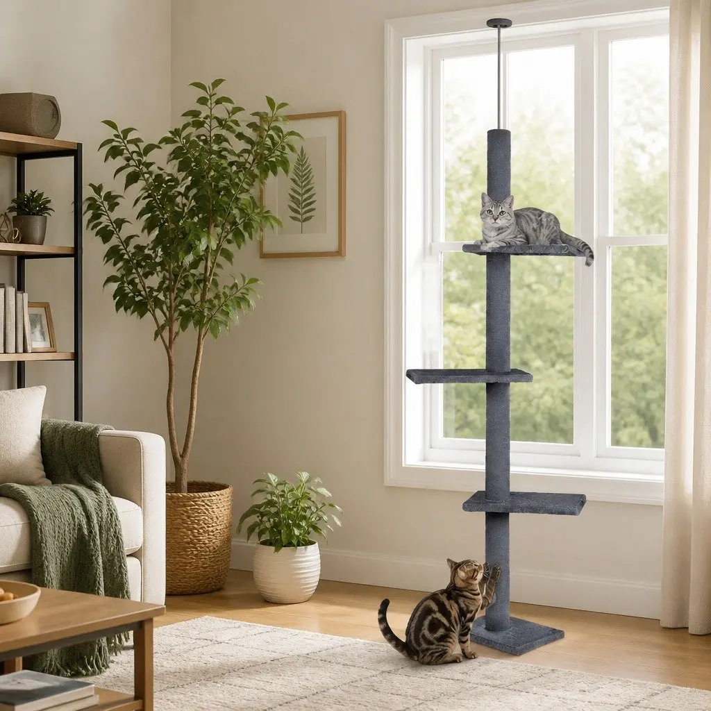 Floor to Ceiling Cat Tree Tower Adjustable Height 230-286cm Indoor Cats Grey