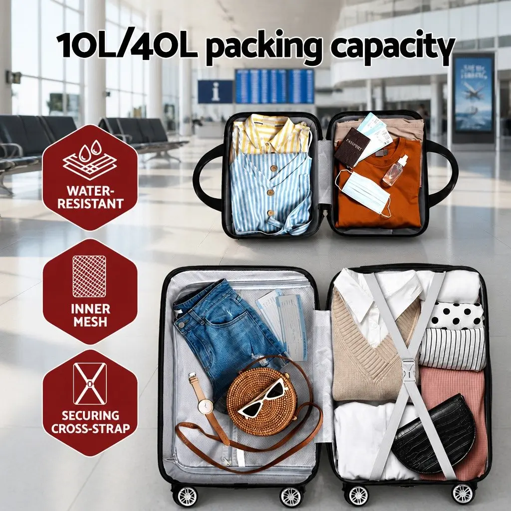 20 Inch & 12 Inch Luggage Set Hard Shell Travel Suitcase TSA Lock Black 2 Piece