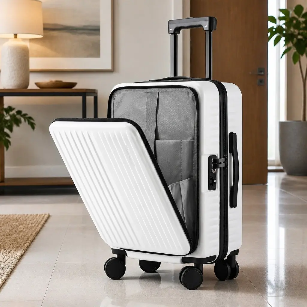 20" Carry On Luggage Suitcase Front Pocket Travel Case Dual TSA Locks White