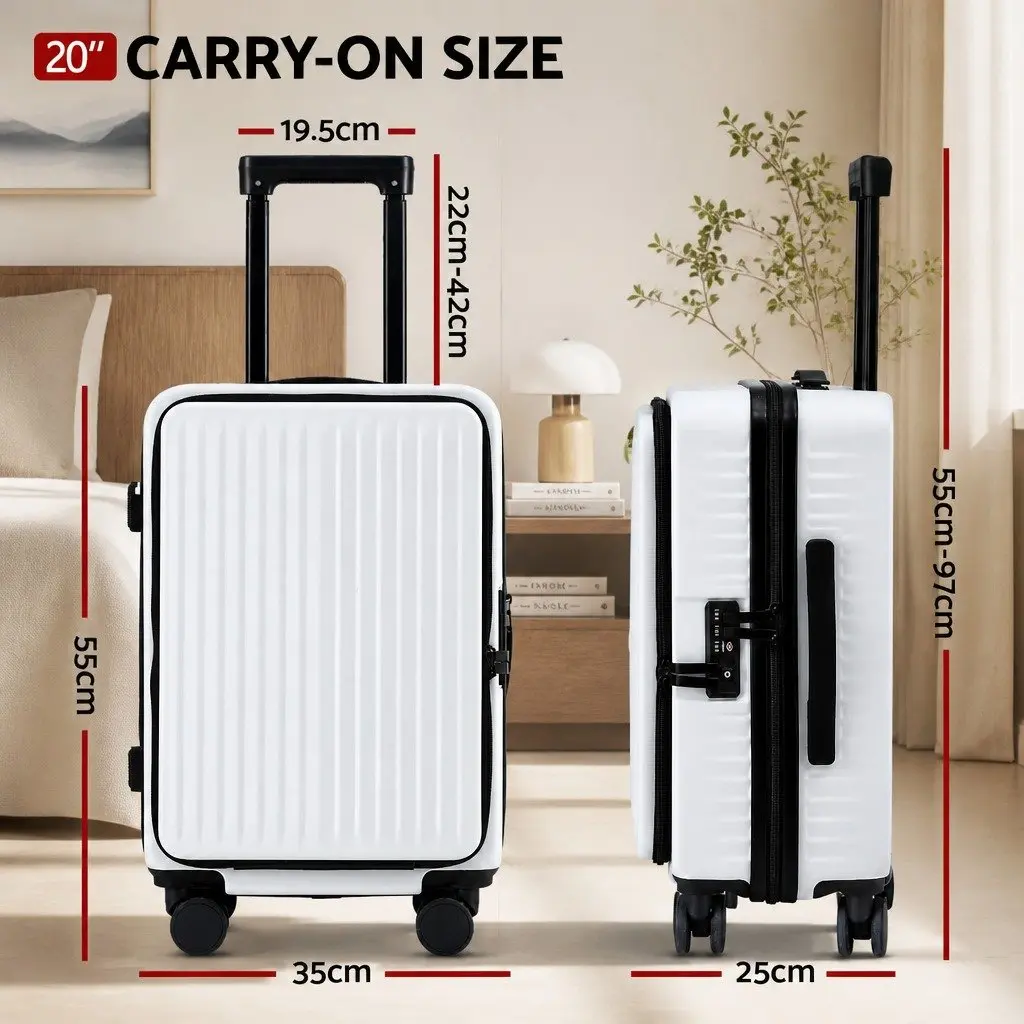 20" Carry On Luggage Suitcase Front Pocket Travel Case Dual TSA Locks White