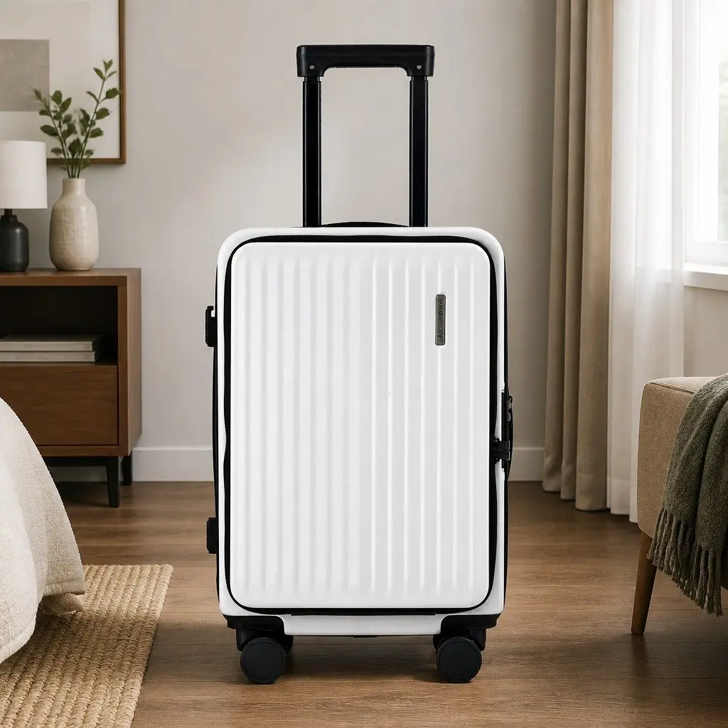 20" Carry On Luggage Suitcase Front Pocket Travel Case Dual TSA Locks White
