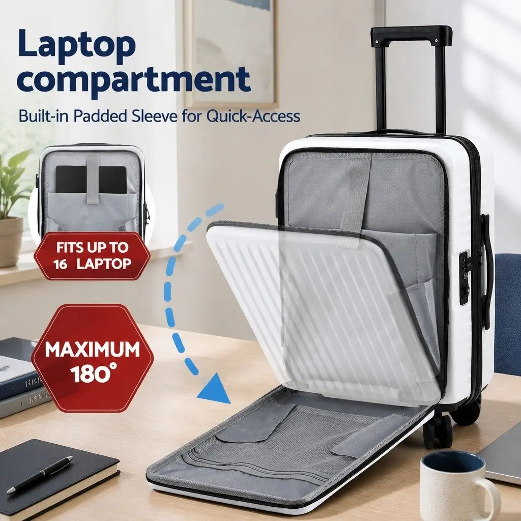 20" Carry On Luggage Suitcase Front Pocket Travel Case Dual TSA Locks White