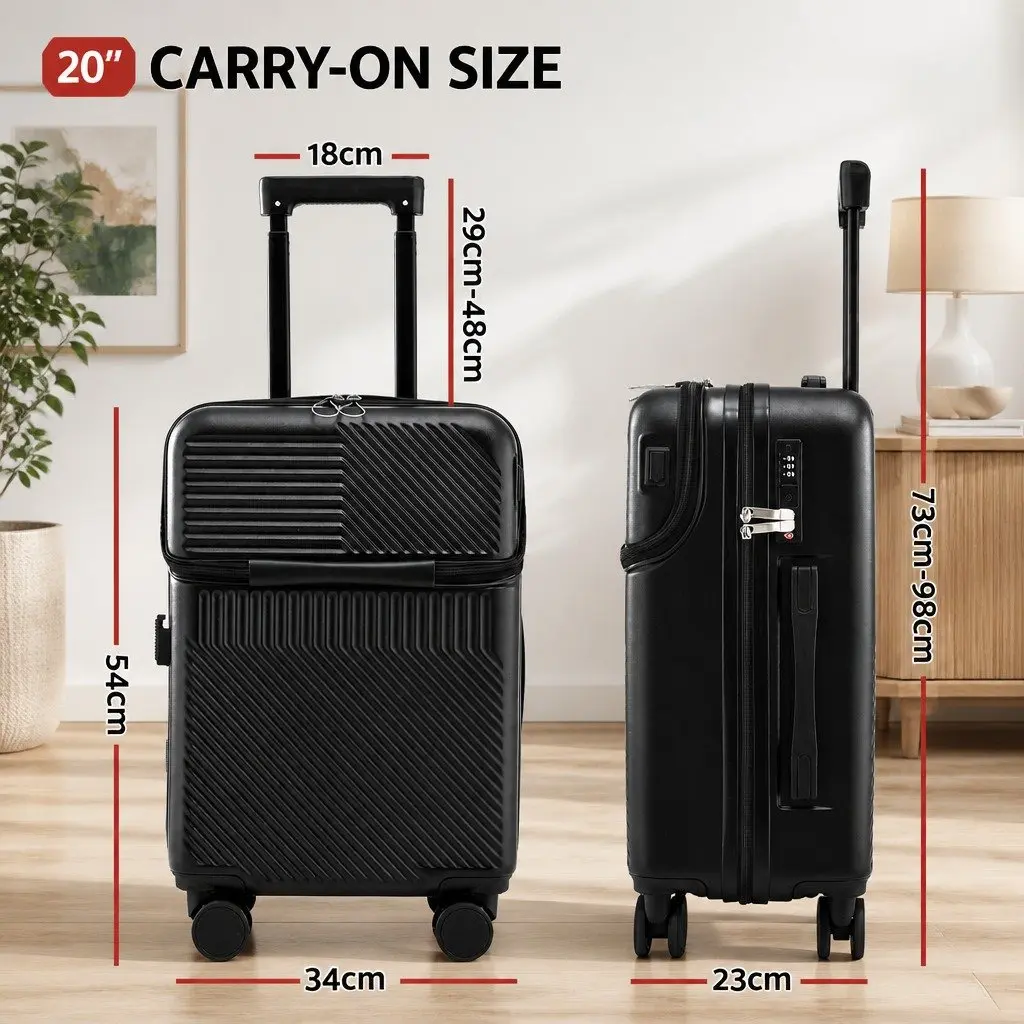 20 Inch Carry On Luggage Suitcase for Travel with Front Pocket and TSA Lock Black