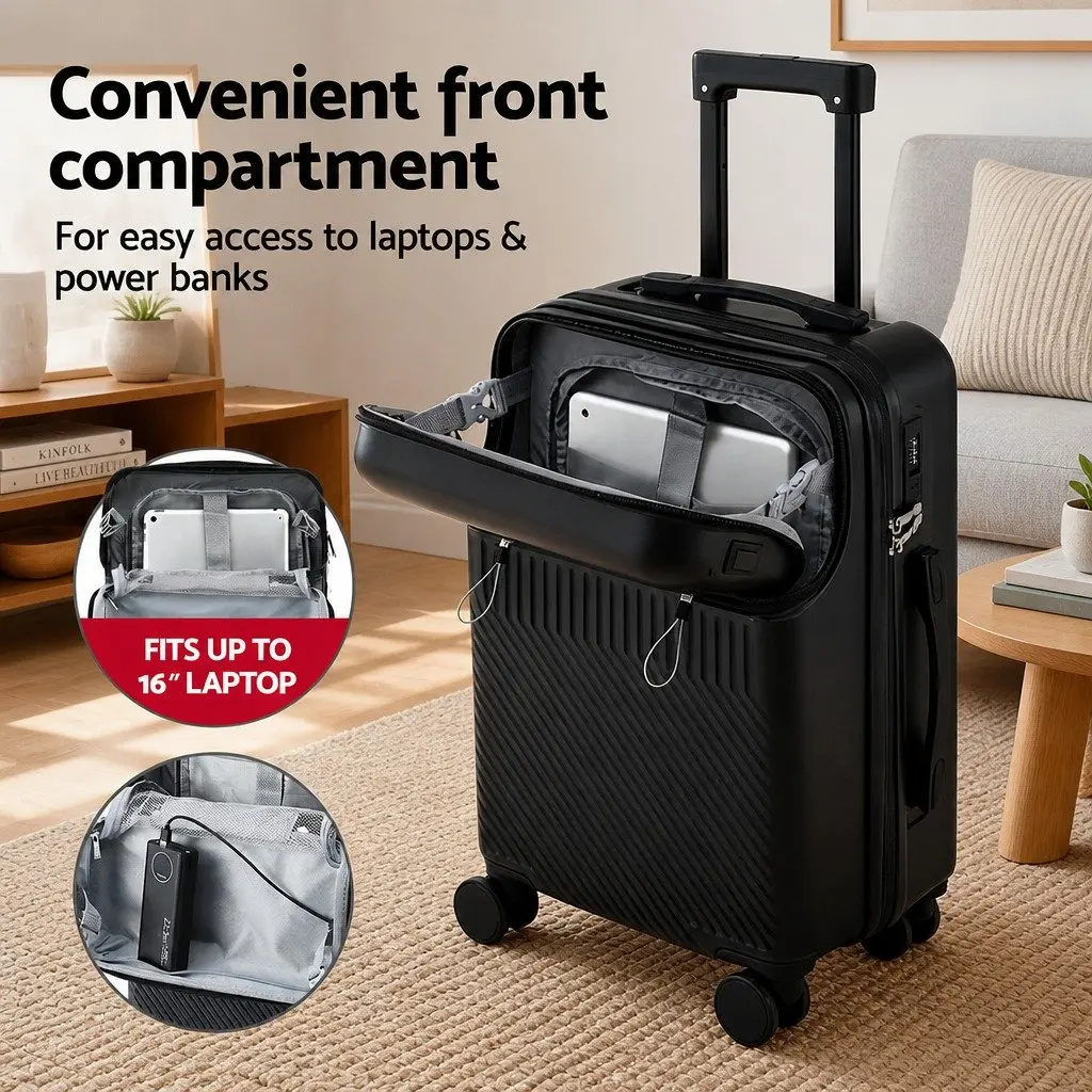 20 Inch Carry On Luggage Suitcase for Travel with Front Pocket and TSA Lock Black