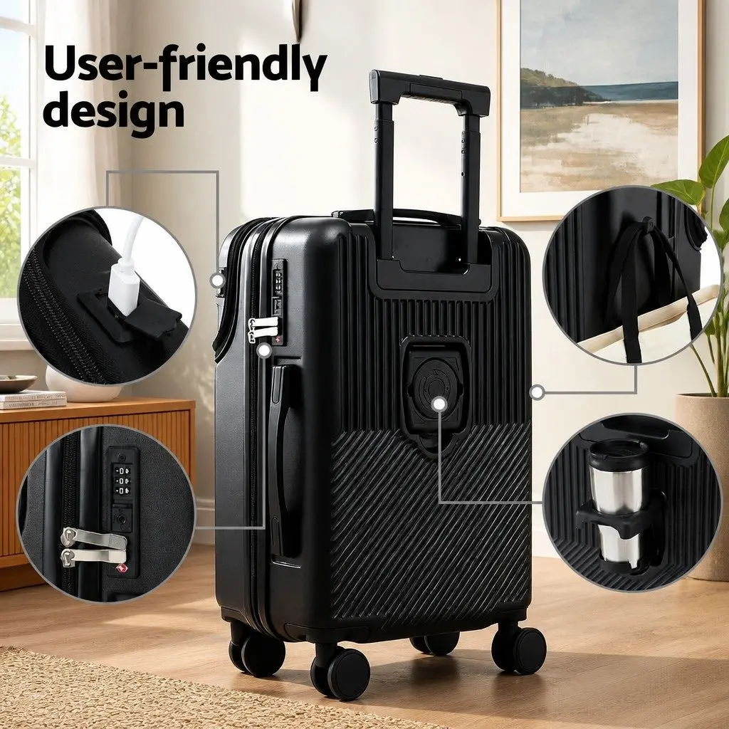 20 Inch Carry On Luggage Suitcase for Travel with Front Pocket and TSA Lock Black