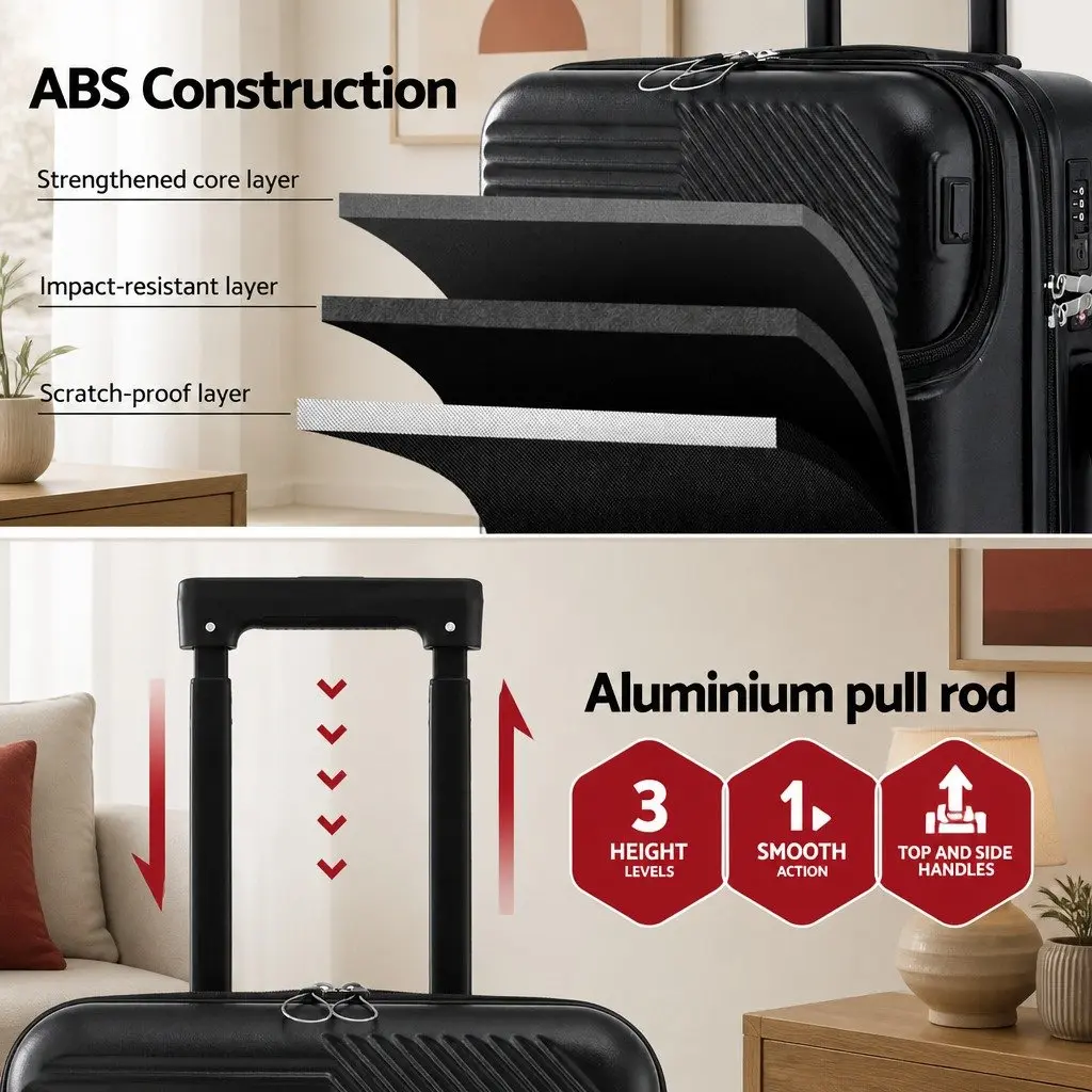20 Inch Carry On Luggage Suitcase for Travel with Front Pocket and TSA Lock Black