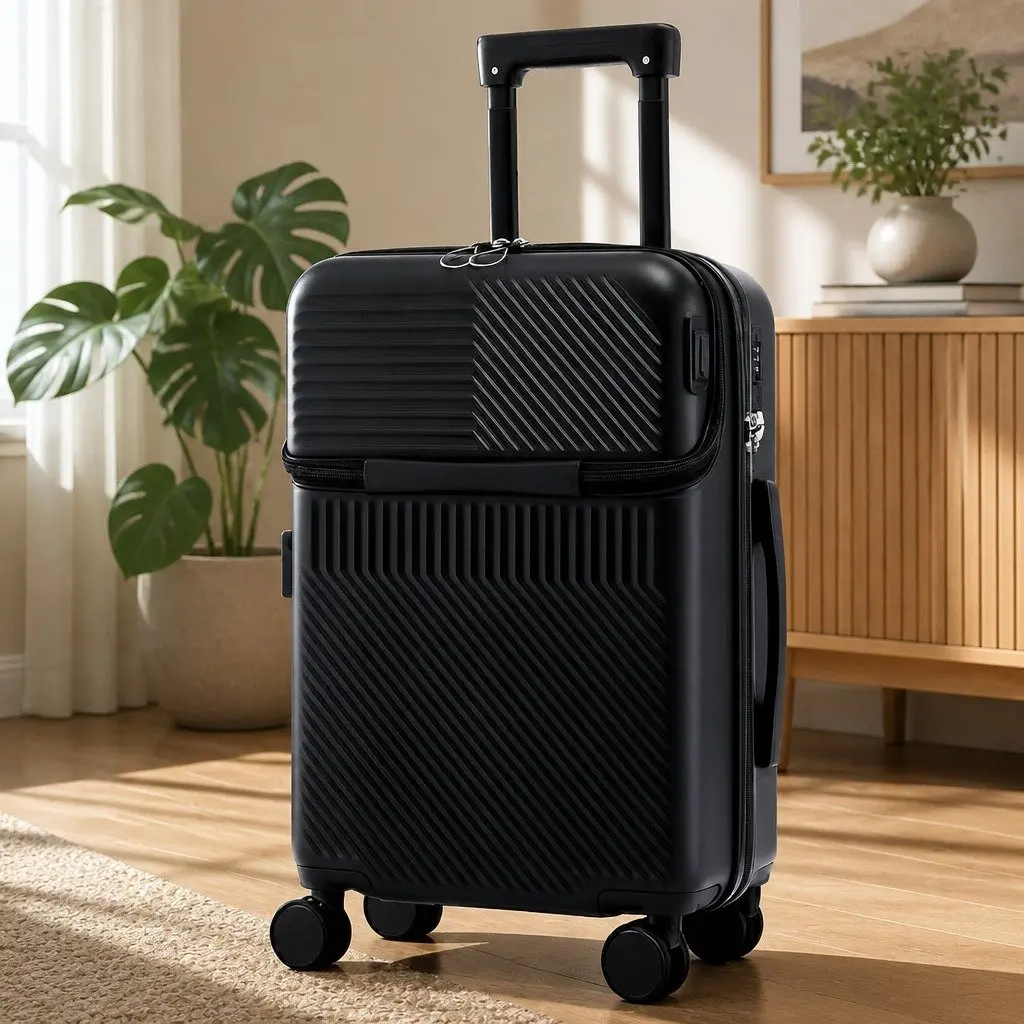 20 Inch Carry On Luggage Suitcase for Travel with Front Pocket and TSA Lock Black