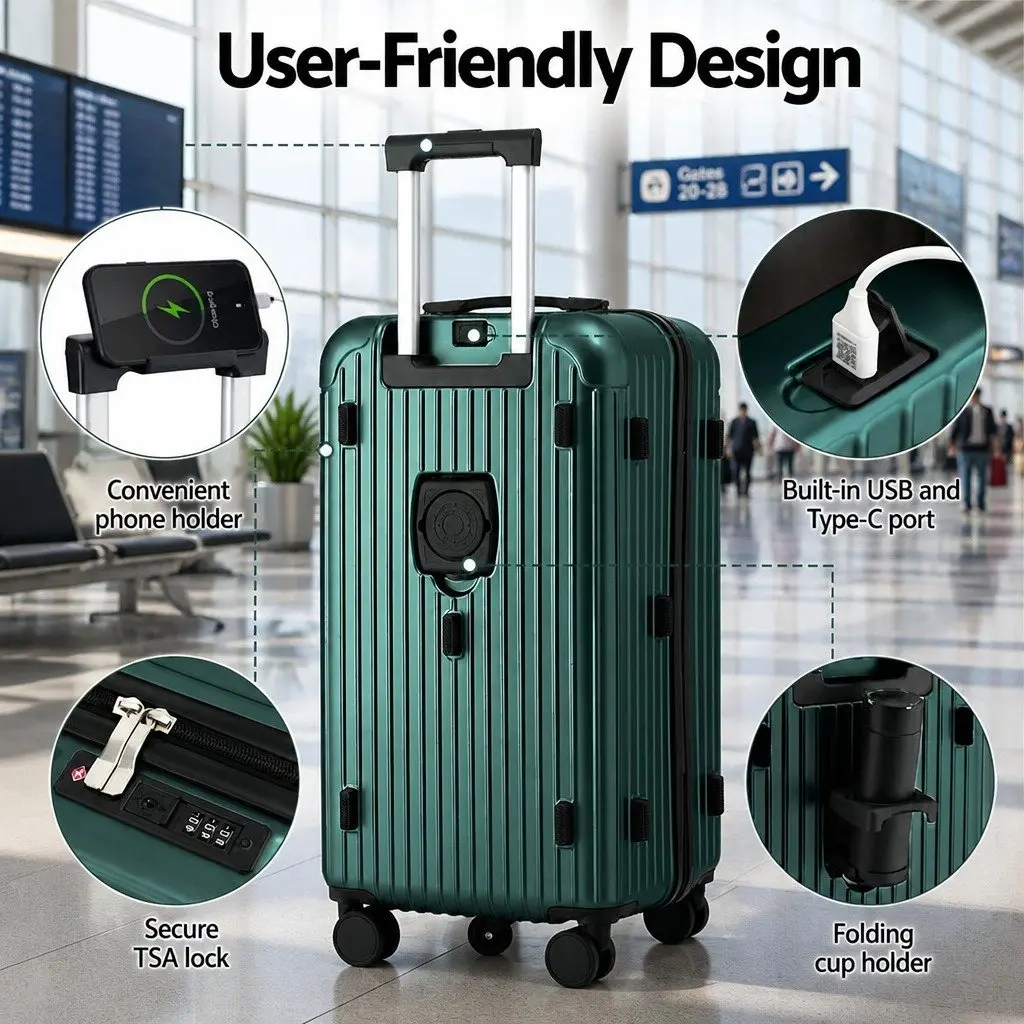 28" Trunk Luggage Suitcase Green Travel Case with 5 Wheels USB Type-C Port TSA