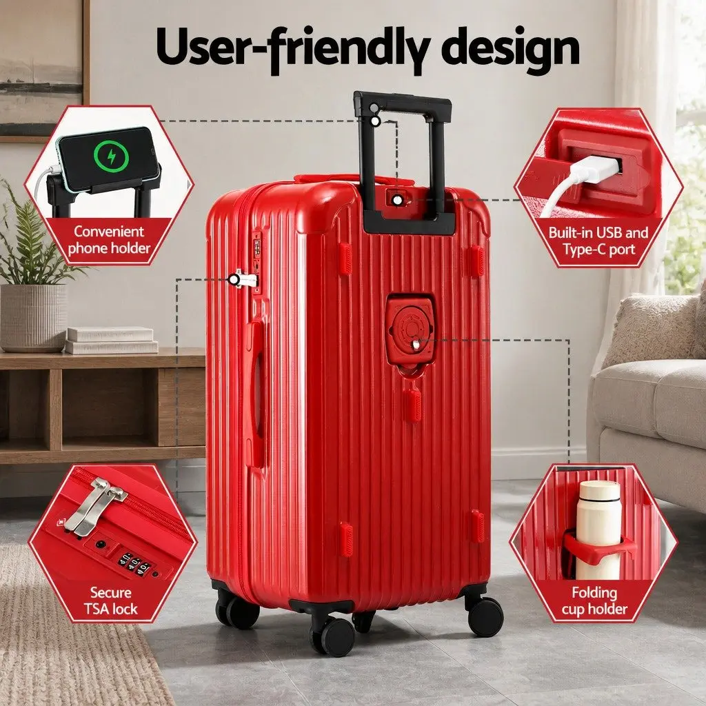 28" Trunk Luggage Suitcase Hard Case Travel Trolley Bag 5 Wheels USB Port Red