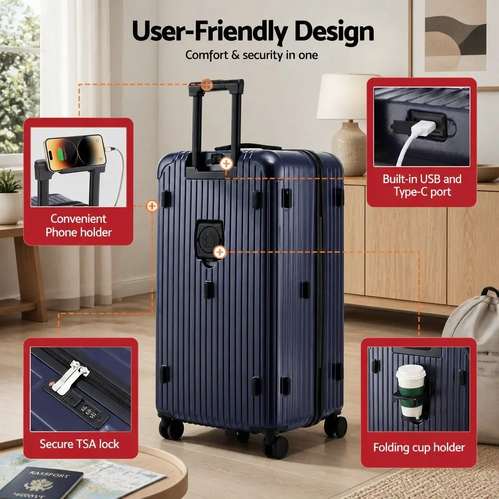 32" Trunk Luggage Suitcase for Travel Deep Indigo with USB Type-C and 5 Wheels