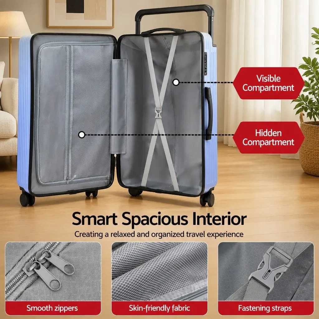 28" Suitcase Wide Handle Luggage Travel Trolley Case TSA Lock Light Blue