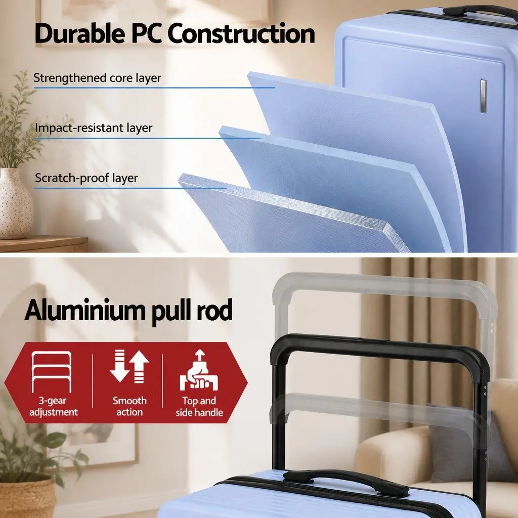 28" Suitcase Wide Handle Luggage Travel Trolley Case TSA Lock Light Blue