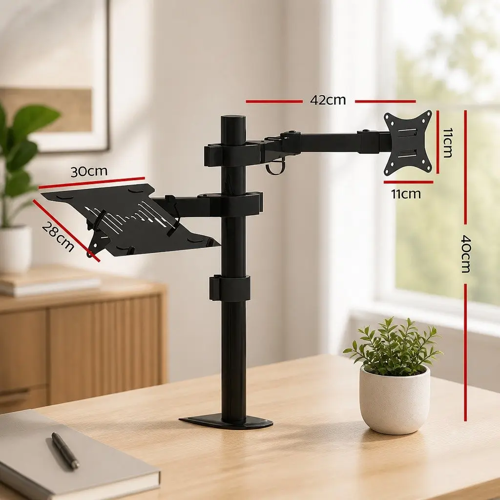 Dual Monitor Arm Desk Mount with Laptop Tray Black Adjustable for Home Office