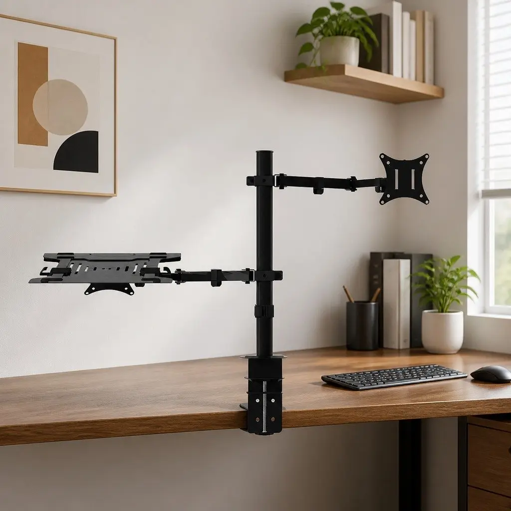 Dual Monitor Arm Desk Mount with Laptop Tray Black Adjustable for Home Office