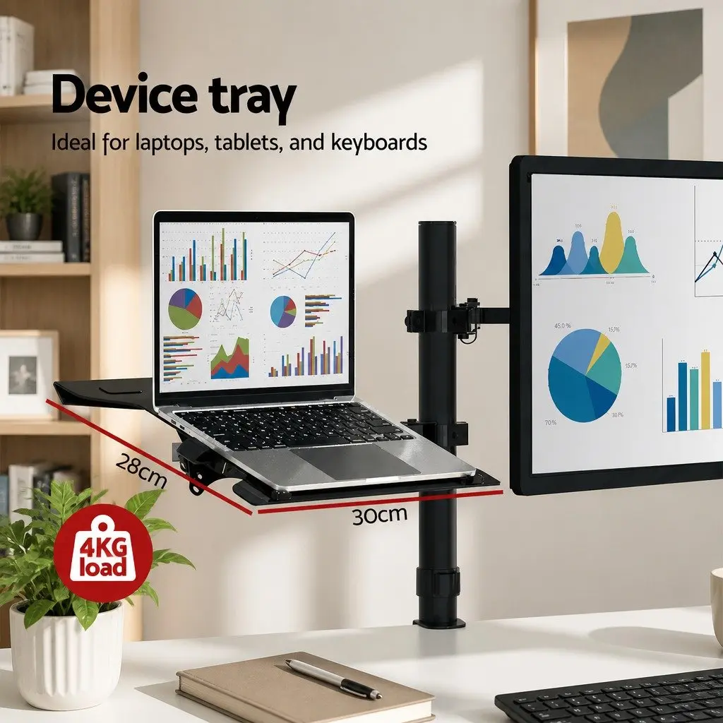 Dual Monitor Arm Desk Mount with Laptop Tray Black Adjustable for Home Office