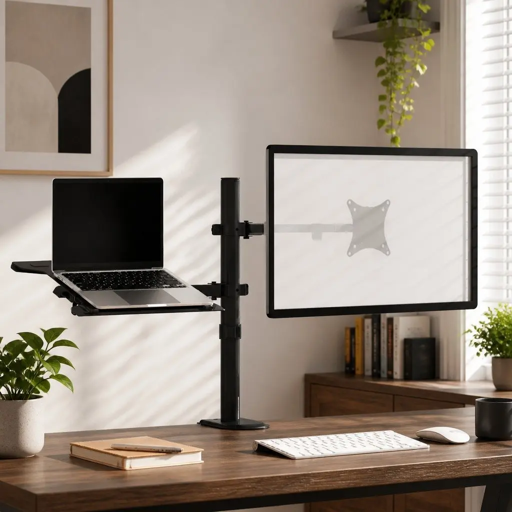 Dual Monitor Arm Desk Mount with Laptop Tray Black Adjustable for Home Office